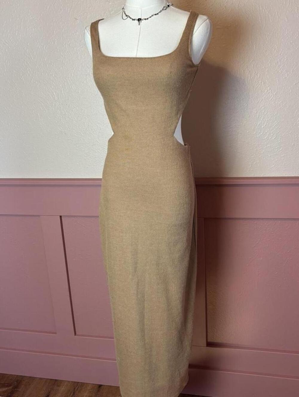 Sabo knit backless tan dress sz small us 4 boho cottage indie party fairy